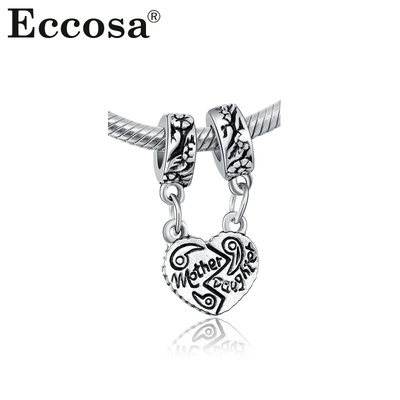 Original Silver Plated Love Heart Mother Daughter Charm Pendants Fits