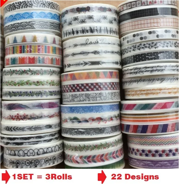 

1set=3Rolls Japanese Washi Decorative Adhesive Tape Flags/Arrow/Feather split line pattern Masking Paper Tape Diary Sticker Gift