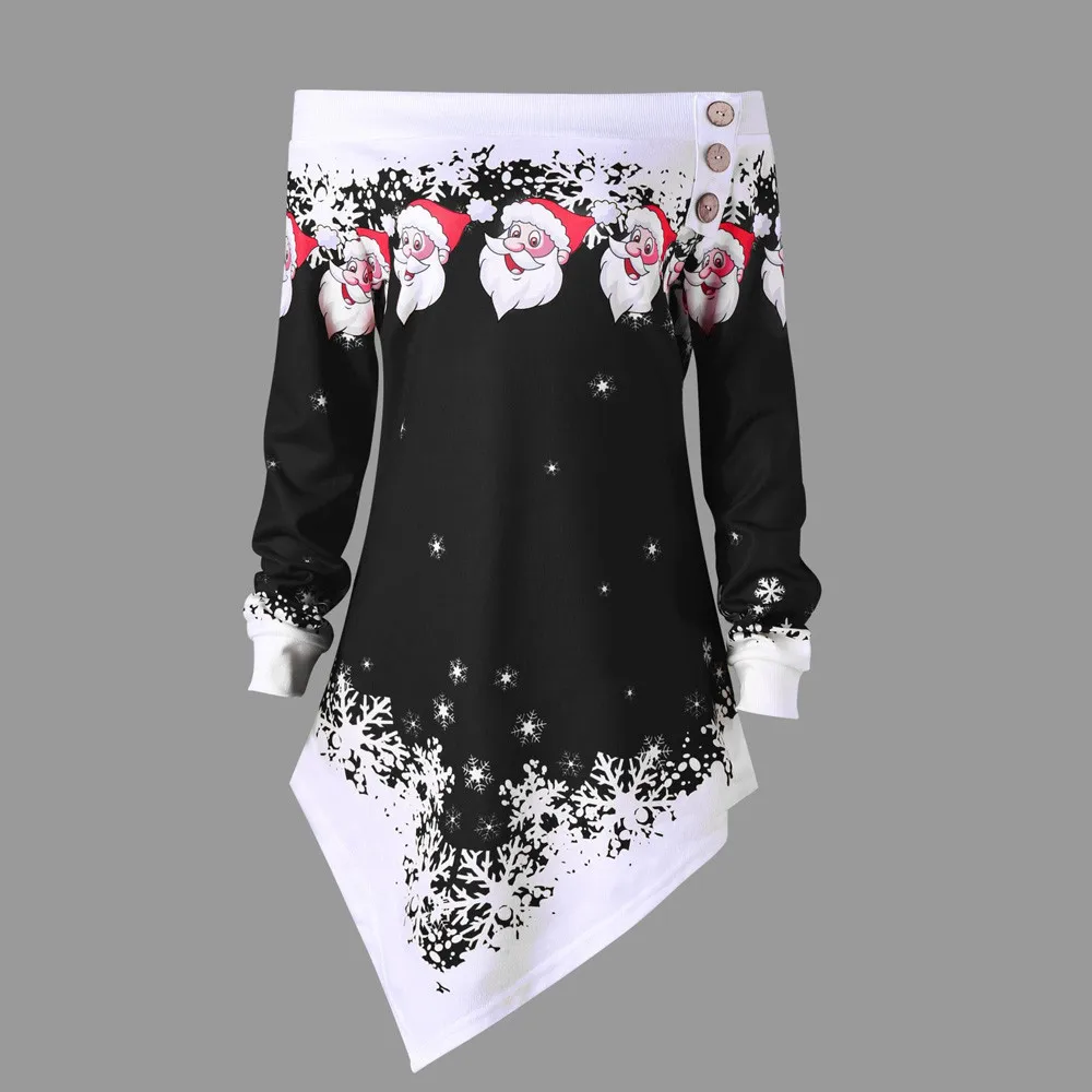 Для женщин Рождество Санта Снежинка блузка с принтом топы корректирующие открытыми плечами Асимметричная толстовка плюс размеры Blusas Mujer De