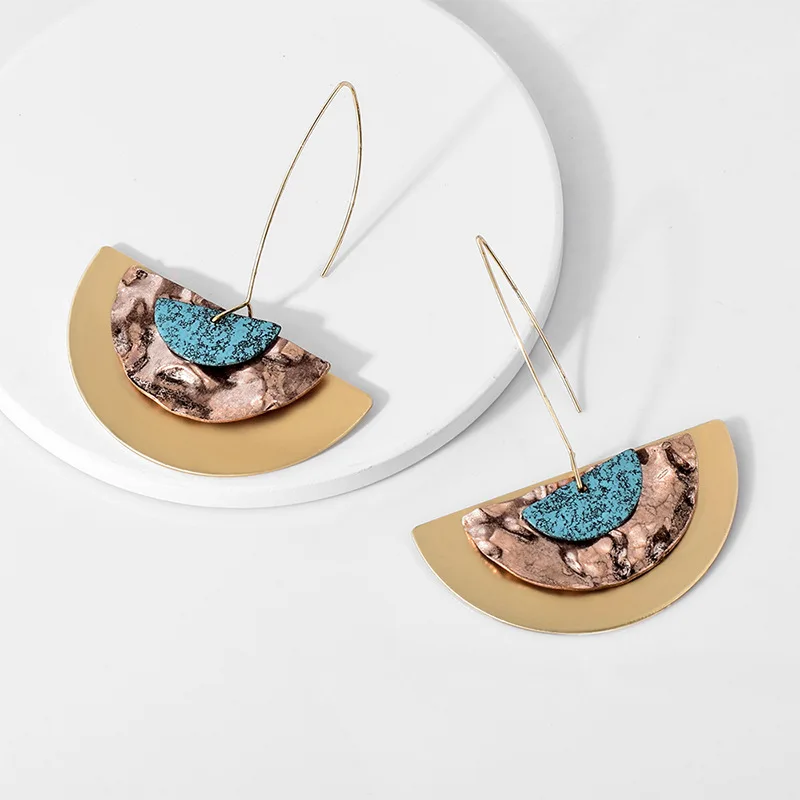 

2019 New Vintage Gold Layered Geometric Semicircular Copper Hook Earrings For Women Creative Bohemian Metal Drop Earring Jewelry