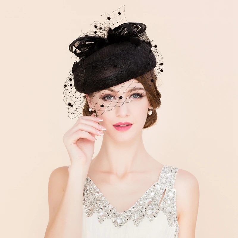 

Australia Wool Wedding Vintage Pillbox Hat With Veil Black Bowknot Black Gauze Patchwork Fedora For Woman Felt Hats