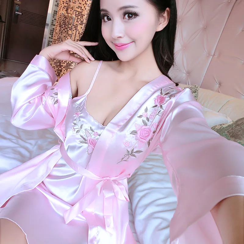 SusanDick брендовые пикантные шелковый халат и платье комплект Для женщин Демисезонный вышивка пижамы набор шелк пижамы дамы халат ночная рубашка - Цвет: HJY521 pink
