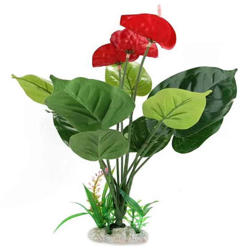 Plastic Anthurium 34cm Height Artificial Flower Bush Rock Base Reptile Terrarium Vivarium