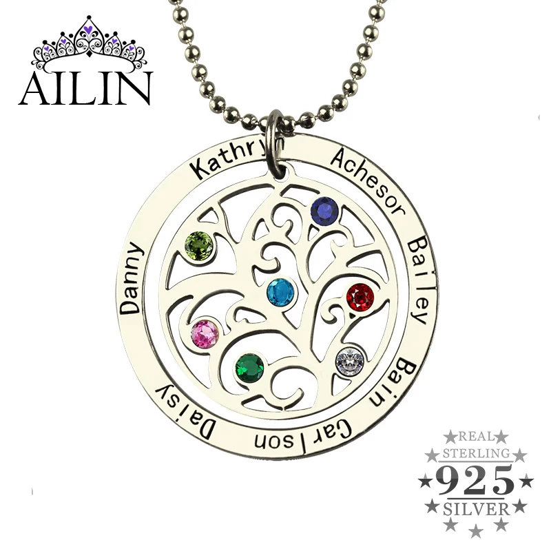 AILIN Birthstone Family Tree Necklace Personalized Mother Necklace Engraved Our Family Name Necklace Silver Nameplate Jewelry