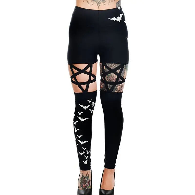 

Casual Sexy Club Gothic Chic Black High Street Women Leggings Fitness Mesh Print Goth Cool Hollow Star Female Leggins 2019