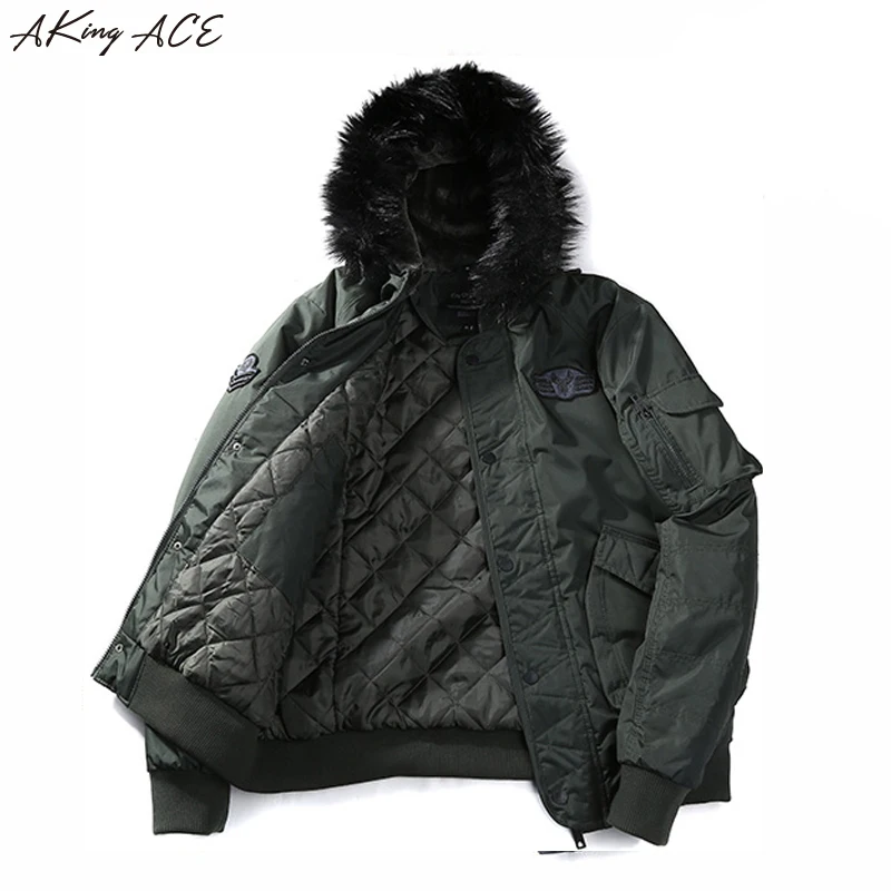 2017 AKing ACE Men's Warm Winter Military Jacket with Faux Fur Hood Men