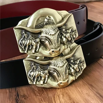 

Luxury Brass Bull Belt Buckle Leather Belt Men Vintage Ceinture Homme Male Strap Cowboy Jeans Waist Belt Wide Cinturon MBT0389