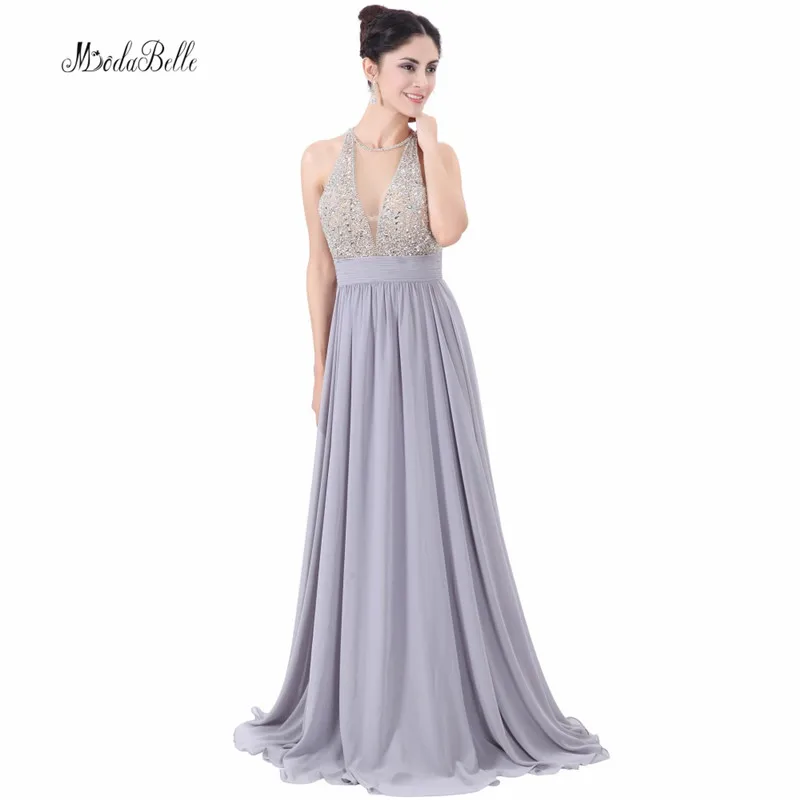 14199 15 De Réductionmodabelle Sequin Perles Mousseline De Soie Robes De Soirée Argent Gris Bal Kleider Longue Sexy Voir à Travers Col En V Strass