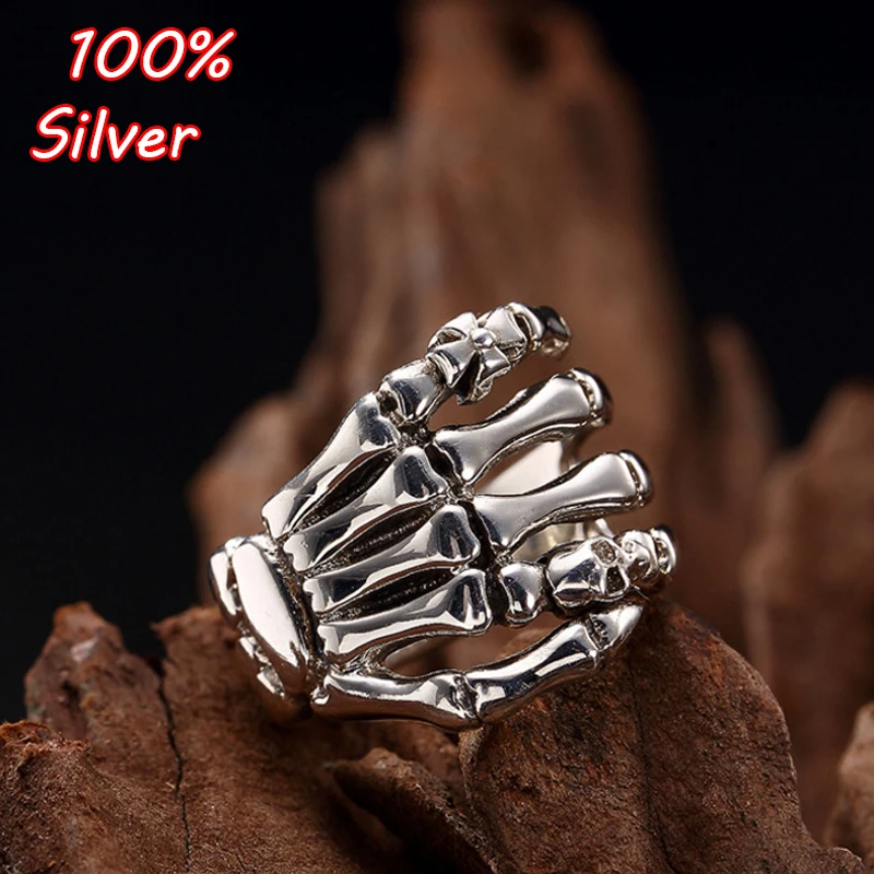 

New 925 Sterling Silver Punk Style Ghost Evil Skeleton Hand Ring For Women Men Biker Ring Party Accessories Jewelry