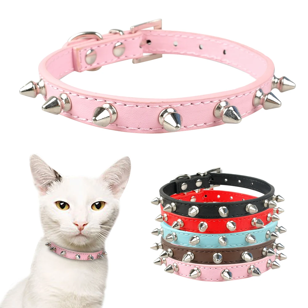 Buen trato Collar Gato genial con tachuelas de cuero para perros pequeños, medianos, Chihuahua, 5 colores MR5k9nK1