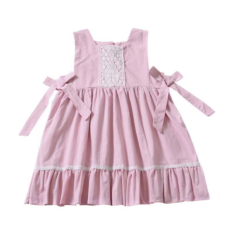 baby girl Pleated dress Cute Bow Sleeveless Geometric pink