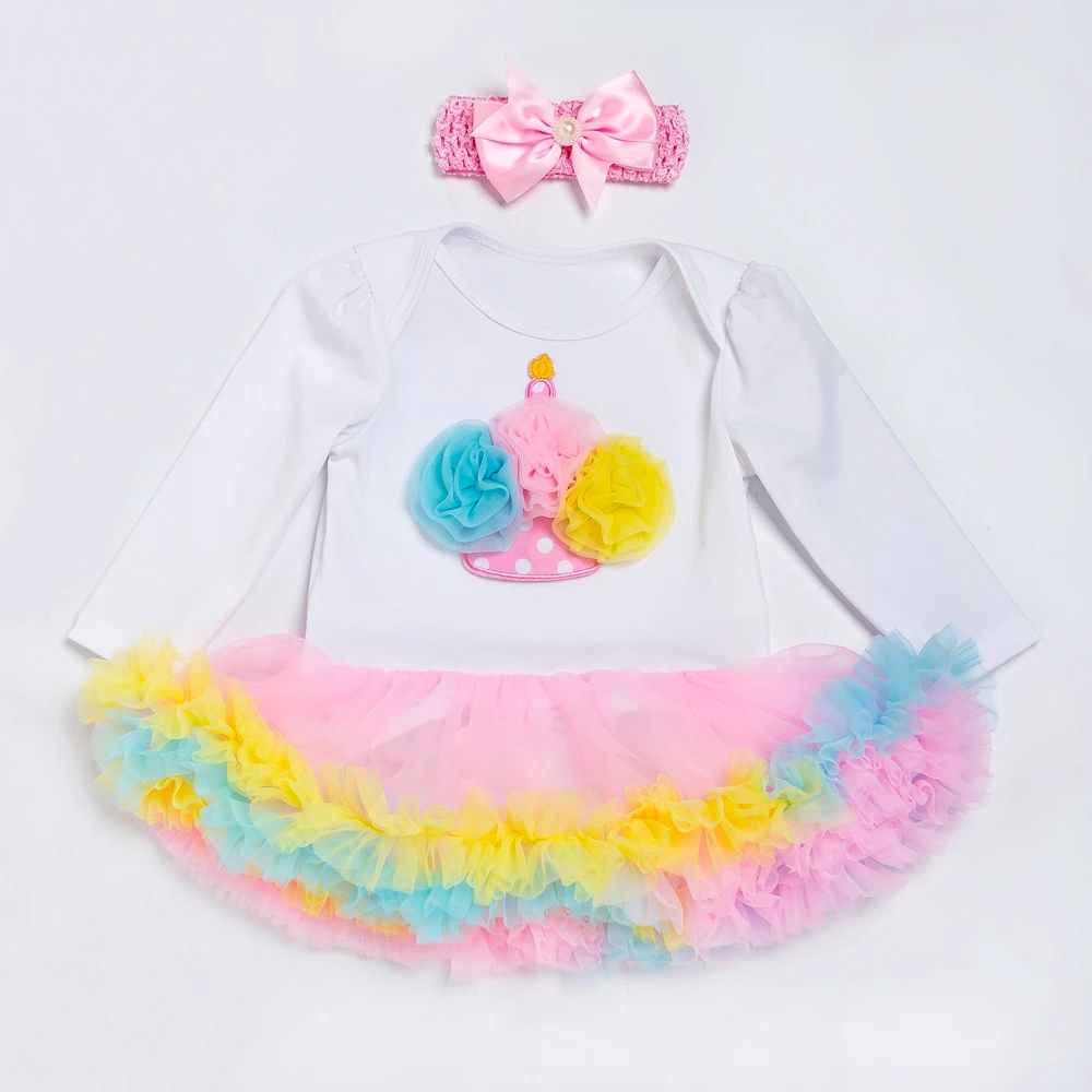 

Birthday Sweet Baby Romper Dress Cotton Long Sleeve Jumpsuit with Headband Infant Girl Clothing for 0-24M Spring Autumn 2017