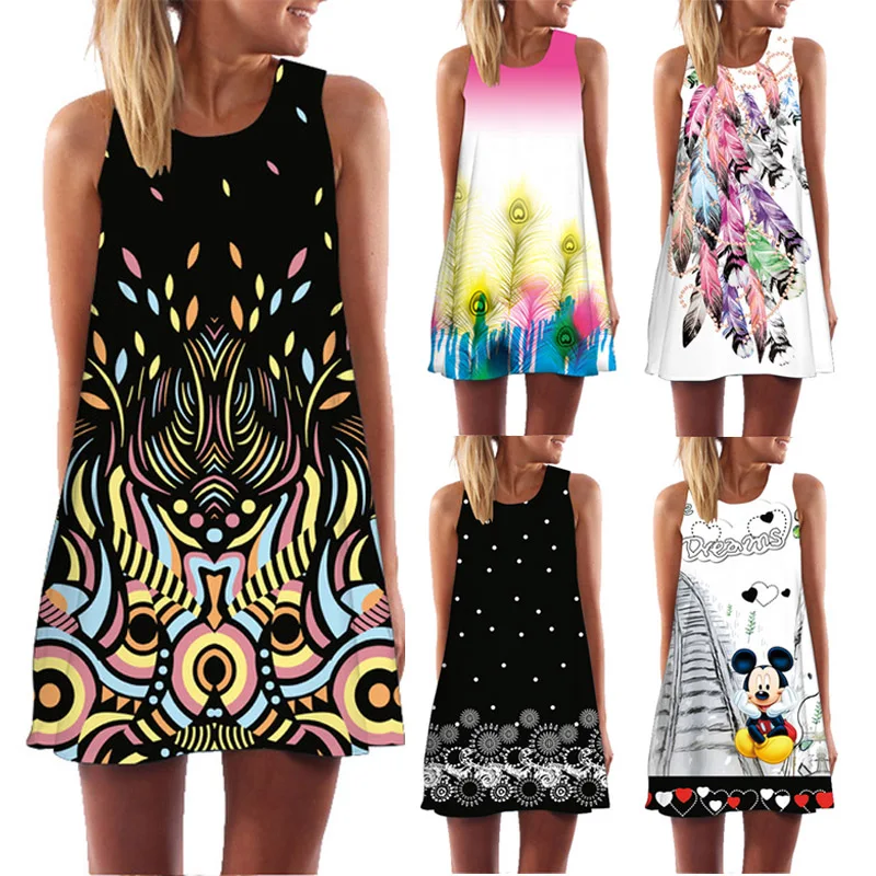 

2019 Fashion Summer Dress Women 3D Floral Print Short Dress Sleeveless Boho Short Beach Dress Sundress Casual Dresses Vestido