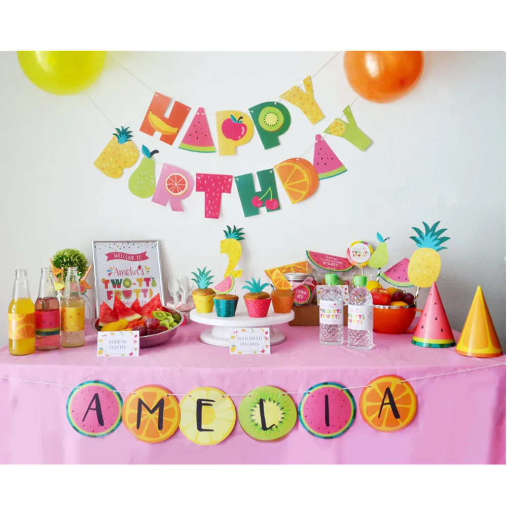 

Summer Party Decorations Happy Birthday Paper Banner Colorful Paper Fruit Party Banner Hanging Garland For Wedding Party Supplie