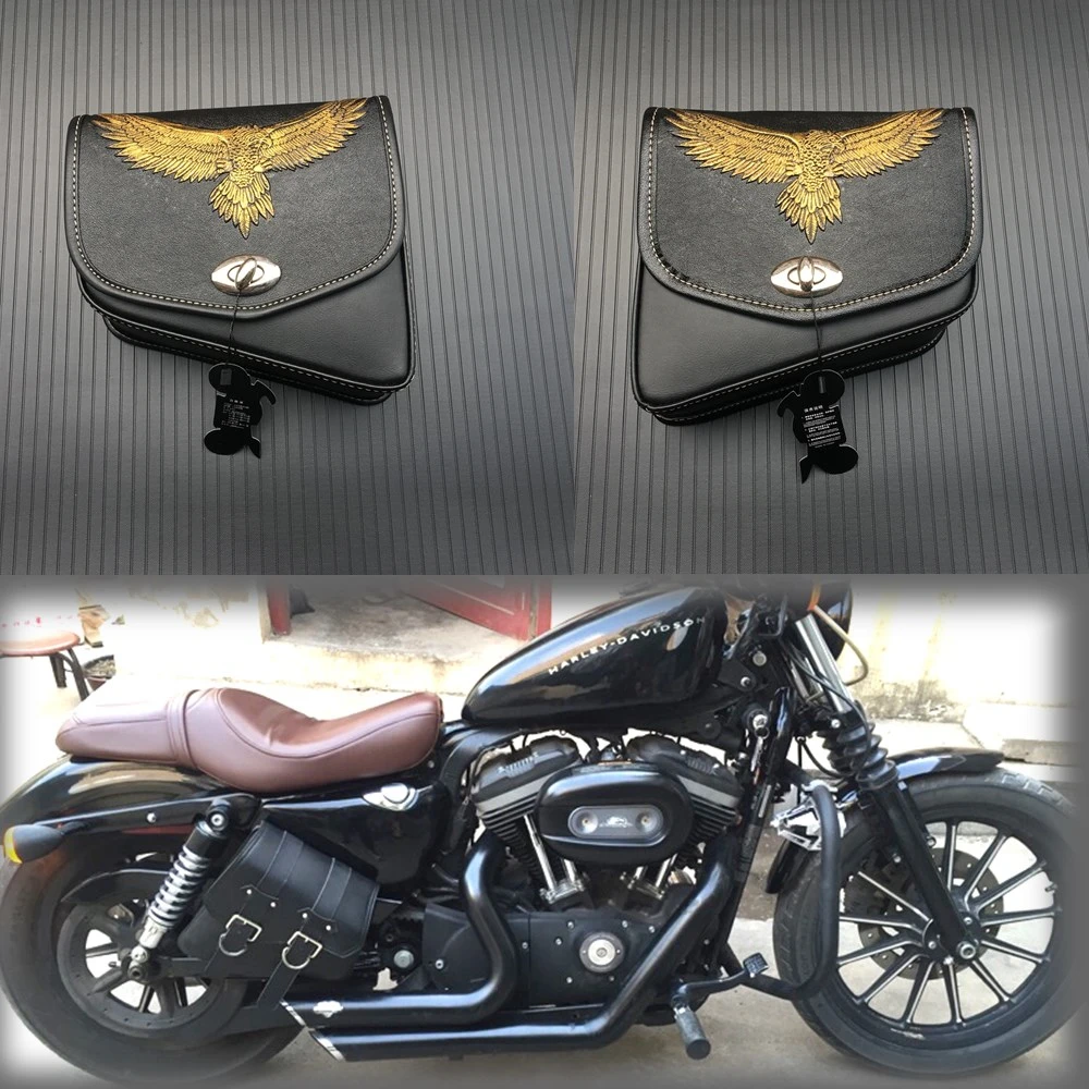 

Pair Universal Motorcycle Leather Eagle Logo Tool Bag Luggage Left+Right Side Saddle Bagr For Harley Sportster XL883 XL1200