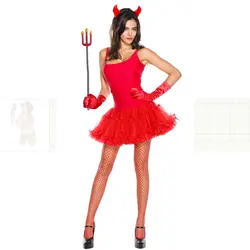 4 частей Для женщин Красный дьявол Демон Головные уборы + платье + перчатки + вилка Набор Косплэй костюм для хеллоуина для Для женщин