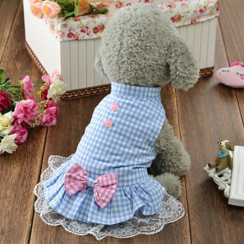 Summer Lovely Dog Dress Small Animals Dog Lace bowtie grid dress Puppy