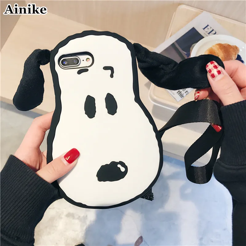 

Ainike Cute Cartoon 3D Dog Ear Silicone Phone Cases For iPhone X 6s Plus 7Plus 8 XR XS Max Soft Gel TPU Ainimal Back Cover Strap