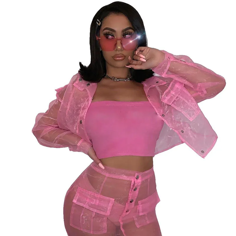 

See-through Organza Sexy Two Piece Set Mini Skirt and Crop Top Women Button Pocket Bow Tie Up 2 Piece Matching Sets Club Outfits