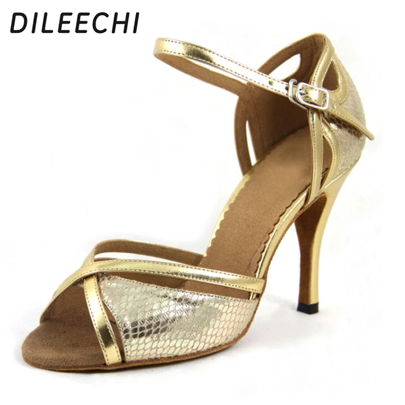 DILEECHI/ ; обувь для латинских танцев; женская Обувь для бальных танцев на высоком каблуке 9 см; Танцевальная обувь из Искусственной Змеиной кожи красного и золотого цвета