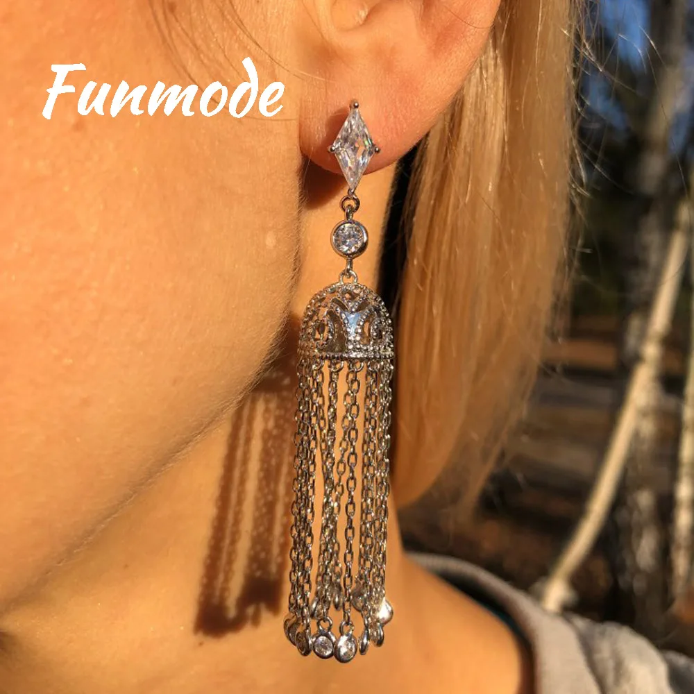 

Funmode Luxury Wedding long Drop Earrings for Women Bridal Copper Zircon Shining Full Cubic Zircons Fashion Dangle Earring F028E