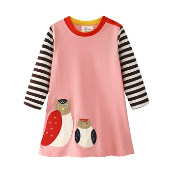 

Jumping meters new baby girls cartoon dress with applique two birds kids striped long sleeve spring autumn winter dress girls