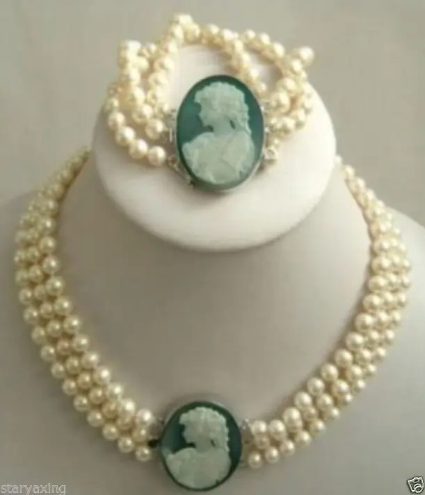 

Hot selling free shipping*****3 row 7-8mm White Akoya Pearl Cameo Necklace Bracelet