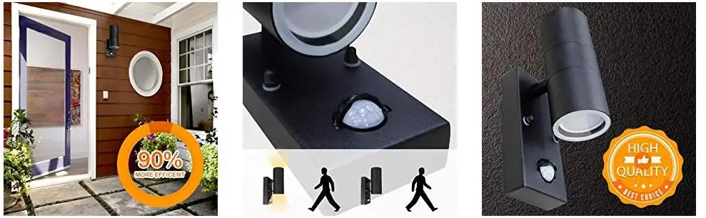Sensor de Movimento Dupla ao ar Ip54 para Cima Preto Indução Inoxidável Luz Parede Livre 10 w Lâmpada Baixo Suporte Pir Aço 3 Luminárias de parede externas