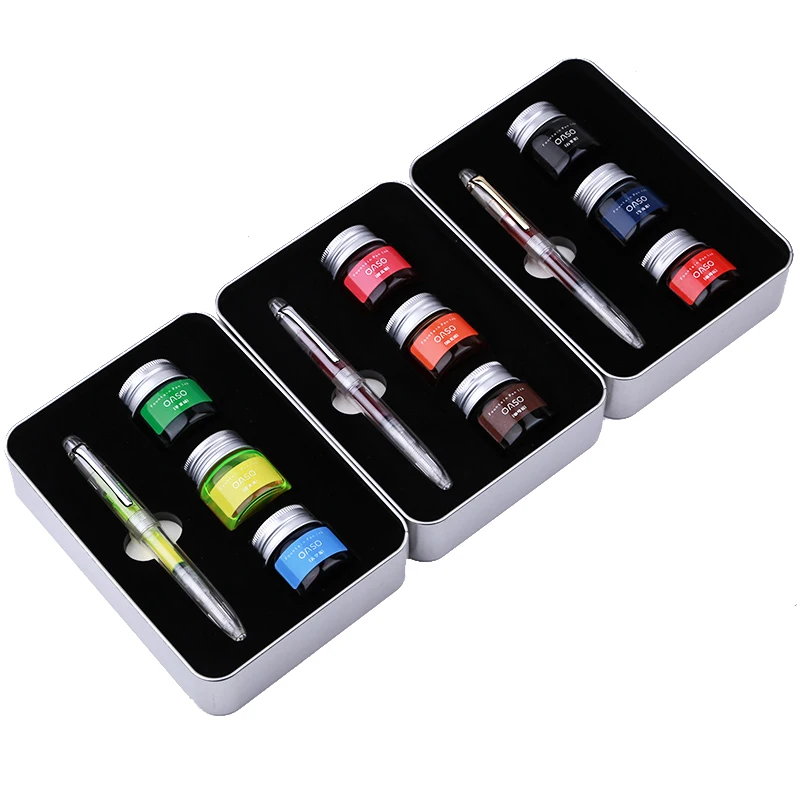 

OASO Transparent Fountain Pen with 3 Bottle Color Ink Set with Gift Box Luxury Business Office Christmas Gift for Friends
