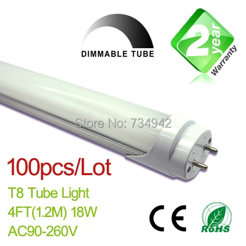 

Free Shipping Dimmable 100pcs/Lot 4ft T8 LED Fluorescent Tube Light 1200mm 18W 1650LM CE & RoHs 2 Year Warranty SMD2835 Epistar
