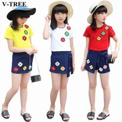 V-TREE, летний комплект одежды для девочек, хлопковая Футболка с вышитыми цветами + шорты для девочек-подростков, модные вечерние костюмы