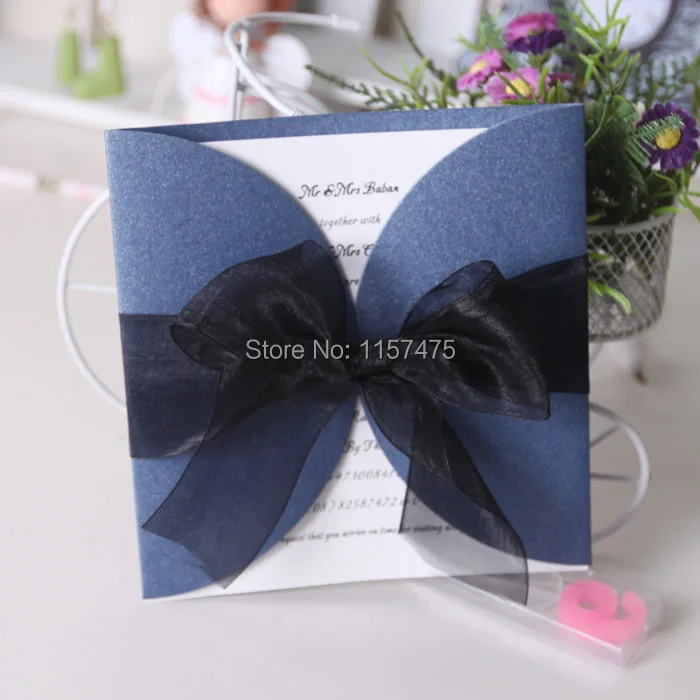 HI1087-03 Nice Blue and White Invitation Card with Organza Ribbon Bow