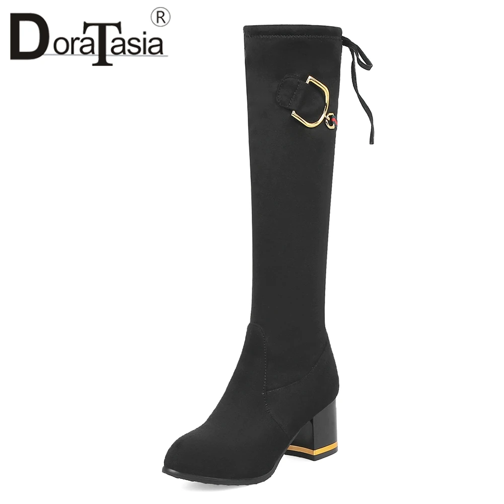 

DoraTasia Comfortable Plus Size 32-43 Riding Boots Metal Decoration 6cm Square Heels Mid Calf Autumn Winter Boots Shoes Woman