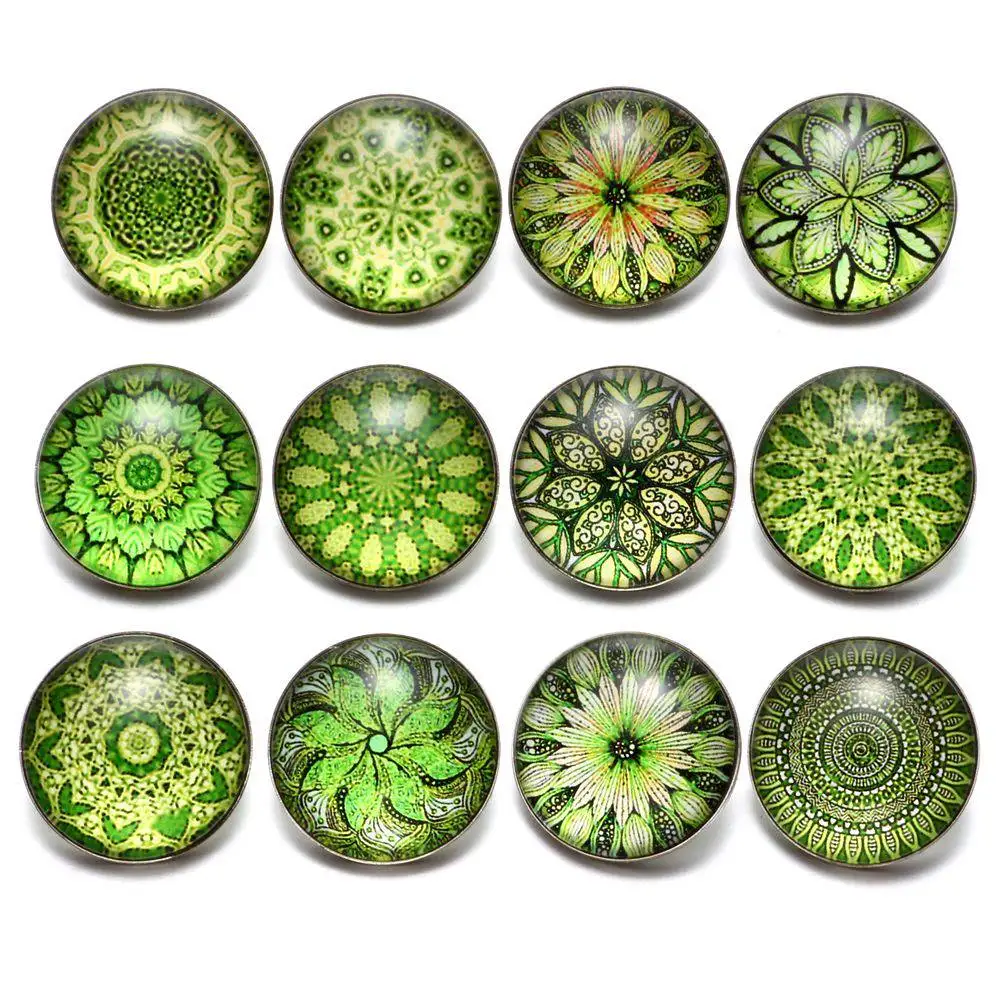 12pcs/lot Green Series Theme Beautiful Exotic Pattern 18mm Snap Button Charms For 18mm Snaps Bracelet Snap Jewelry KZ0622