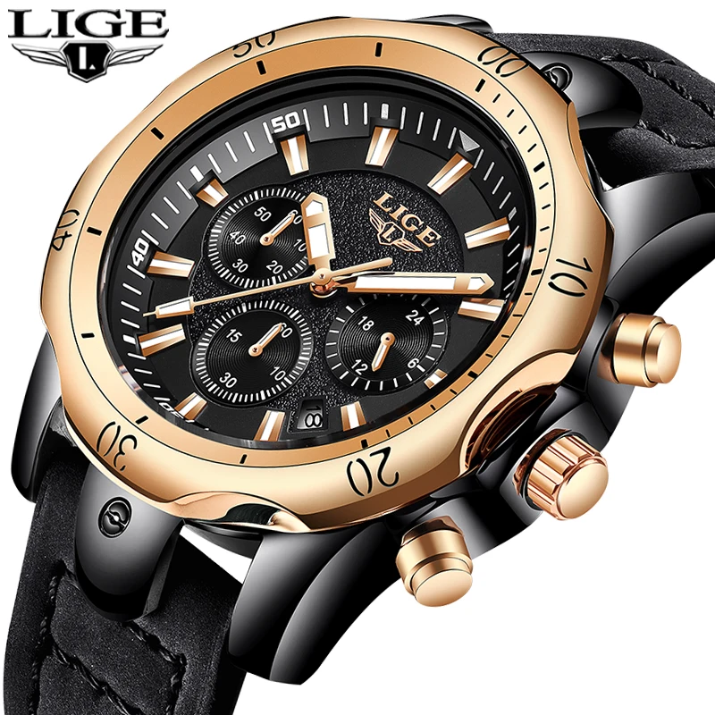 2018 LIGE Mens Watches Brand Luxury Gold Quartz Watch Men Casual Leather Military Waterproof Sport Wrist Watch Relogio Masculino