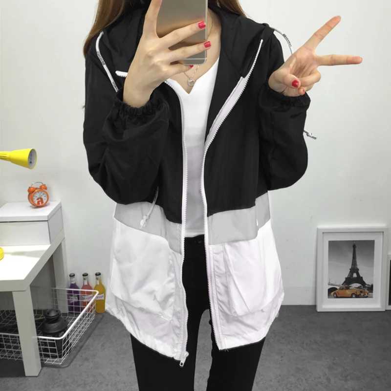 

Korean Women Autumn Hooded Jacket Contrast Color Drawstring Pockets Long Sleeve Thin Casual Loose Outerwear Fashion Female Coats