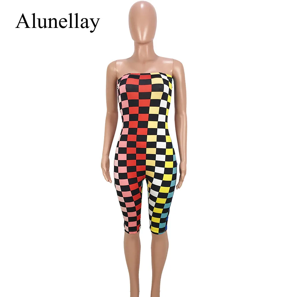 Alunellay Sexy Club Bodycon Strapless Playsuit Women Multicolor Plaid Short Rompers Jumpsuit Sleeveless Backless Playsuits Women