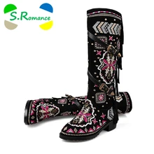 S.romance/женские ботинки; размеры 34-43; кожаные сапоги до колена на квадратном каблуке с круглым носком на молнии; Новинка; обувь в китайском стиле для женщин; зимние сапоги; Цвет Черный; SB1047