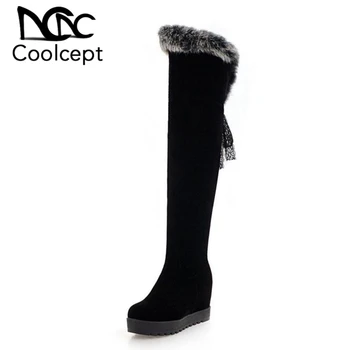 

Coolcept Women Over Knee Boots Winter Plush Fur Warm Shoes Woman Thick Sole Inside Heels Boots Zipper Bowtie Shoes Size 34-42