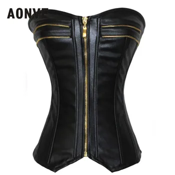 

AONVE Corset Steampunk Faux Leather Waist Corsets Front Zipper Corset Black Bodice Brocade Women Lace Up Overbust