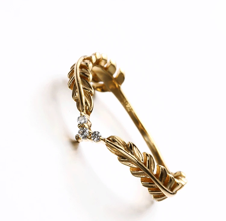 Retro 9K Pure Real Yellow Gold Leaf Feather Crystal Rings for Women Girl Genuine Solid Gemstone Bands Fine Jewelry Gift Party