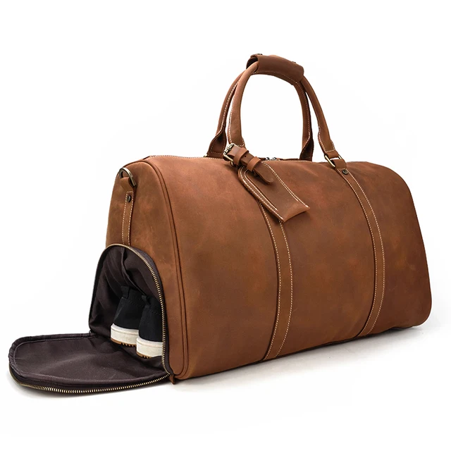 Stylish and functional mens leather travel bag with shoe pockets