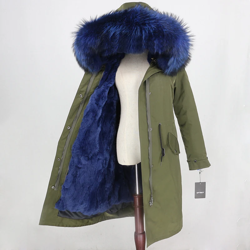 OFTBUY водонепроницаемая верхняя одежда X-long Parka зимняя куртка женская шуба из натурального меха енота капюшон Подкладка из натурального кроличьего меха - Цвет: green light blue