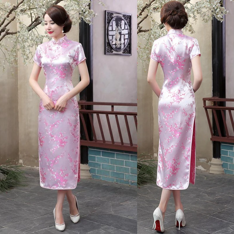 Черный, красный китайское традиционное платье Для женщин Cheongsam Qipao летние шорты рукавом длинное платье цветок размеры S M L XL XXL 3XL 020204