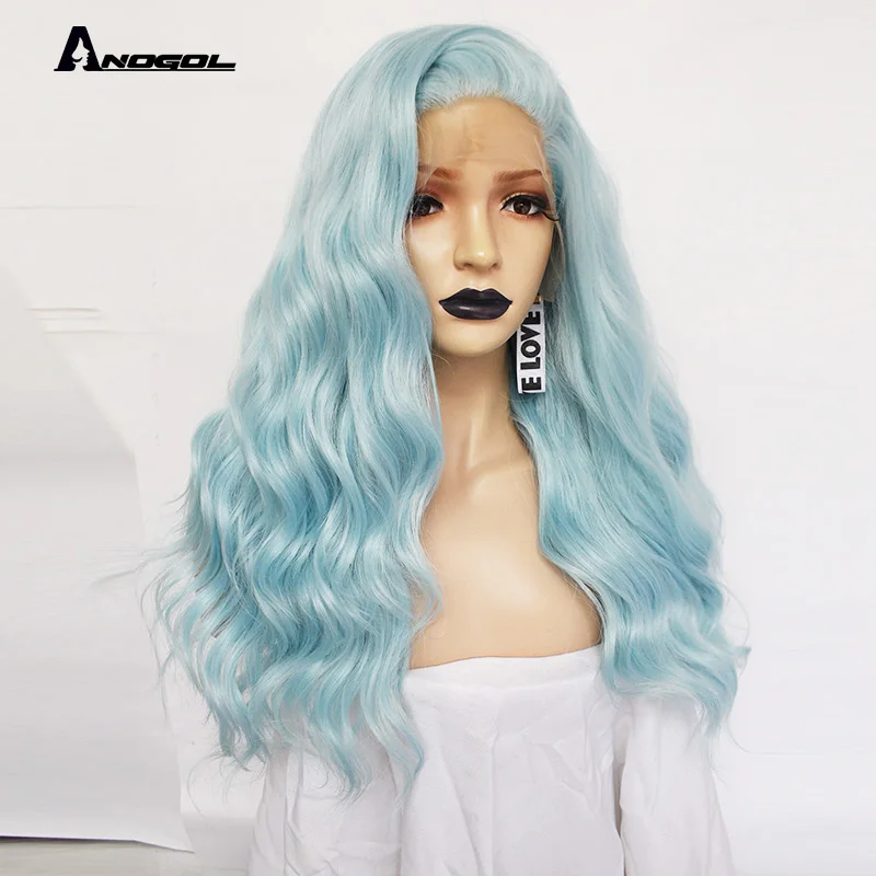 Anogol 24" Mint Green Long Body Wave Synthetic Lace Front Wig Free Part High Temperature Fiber For White Women Brand New Hair