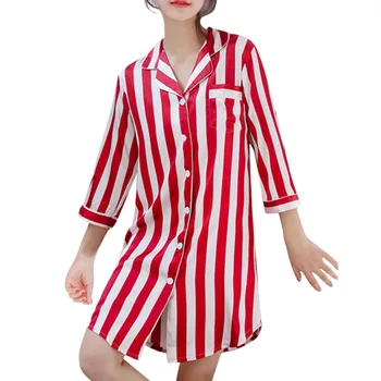 

2019 New Hot Women's Fashion Loose Sleep Shirt Dress Striped Button Down Nightgown ночня сорочка Wholesale T3