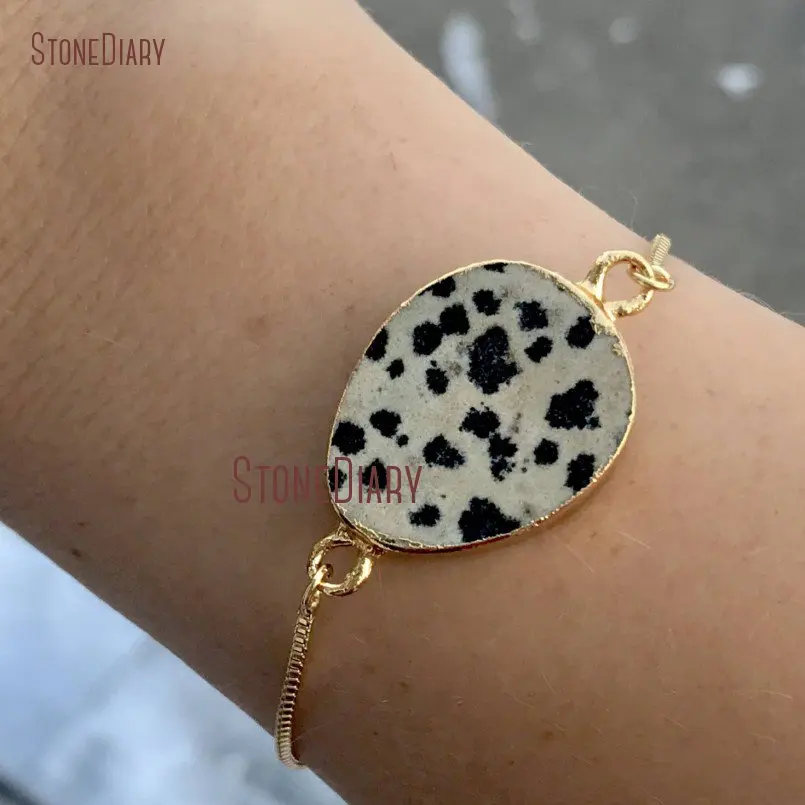 

Fashion Teardrop Dalmatian Jaspers Bracelet Gold Electroplated Chain Jaspers Spot Stone Bracelet In Adjustable BM11273