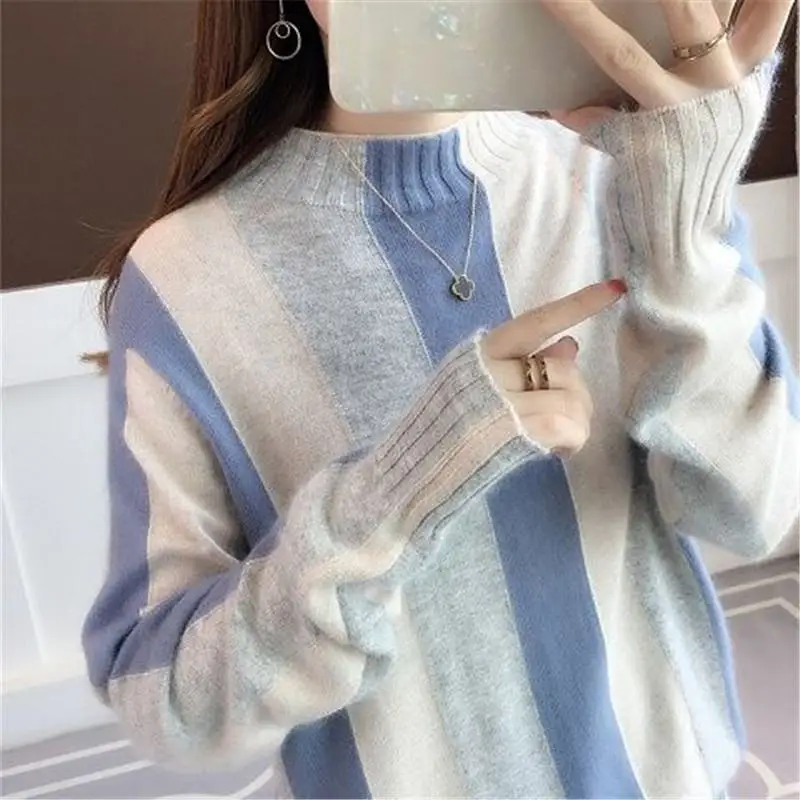 New Autumn Winter Woman Korean Style Hit Color Striped Loose Knit Pullover Sweater Female Casual Tricot Jumpers Sueter K82