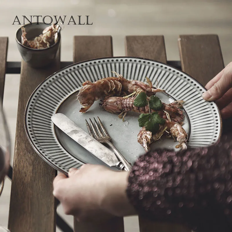 ANTOWALL скандинавские керамические Ретро домашние плоские тарелки блюдо Рельефные полосы серый стейк диск западное блюдо посуда Ресторан