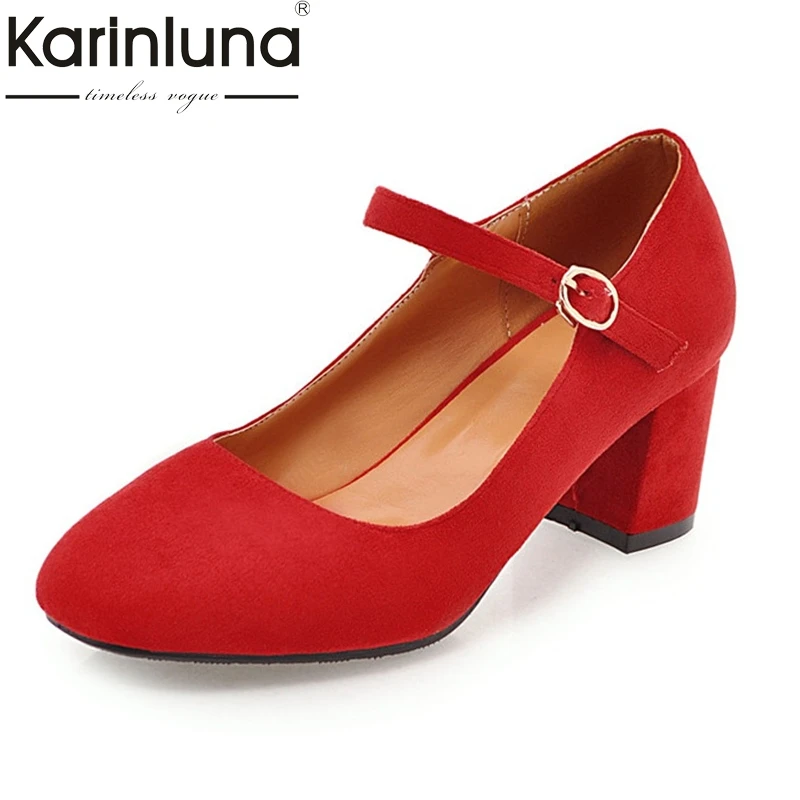 

Karinluna Women's Nubuck Mary Jane Shoes Woman Chunky High Heels Round Toe Less Pumps Big Size 32-45